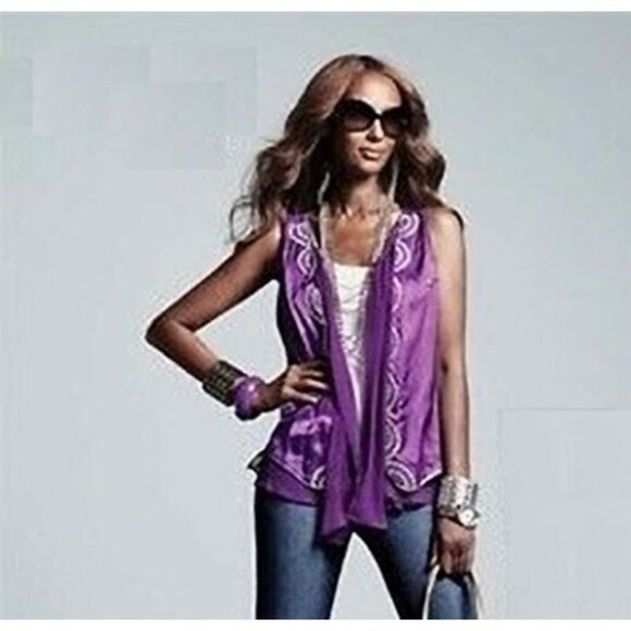 NEW Iman Top 1X Purple Cami Sheer With Attached Cardigan Embellished Sequin - Picture 2 of 14